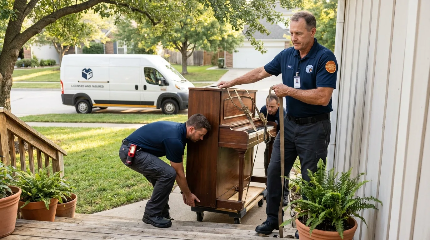 Licensed piano movers securing grand piano in Havana, FL